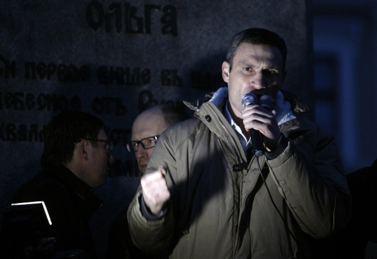 Former heavyweight boxing champion and UDAR party leader Vitaly Klitschko addresses pro-EU crowds in Kiev. (Reuters)