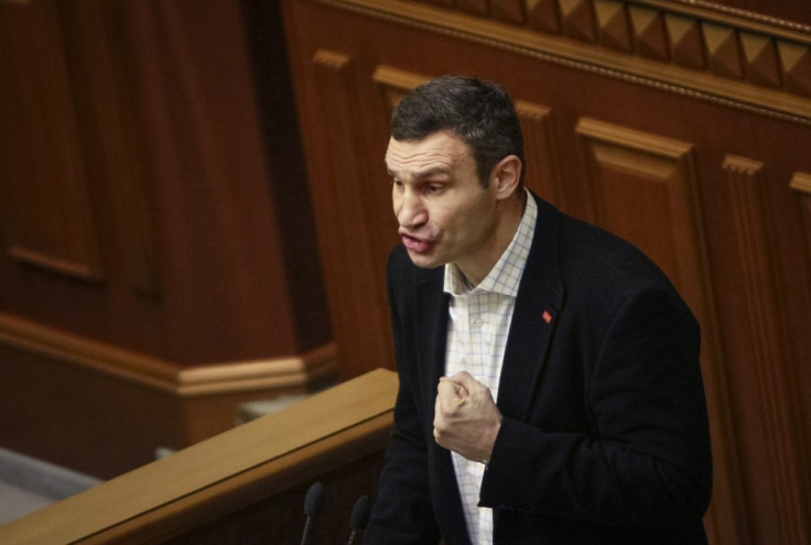 Vitali Klitschko, head of the parliamentary faction of the UDAR (Ukrainian Democratic Alliance for Reform) Party, speaks from the parliamentary tribune in Kiev