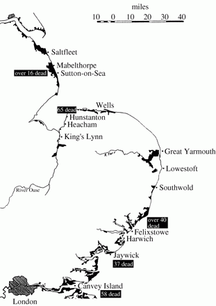 Areas devastated by flooding in 1953 Areas devastated by flooding in 1953