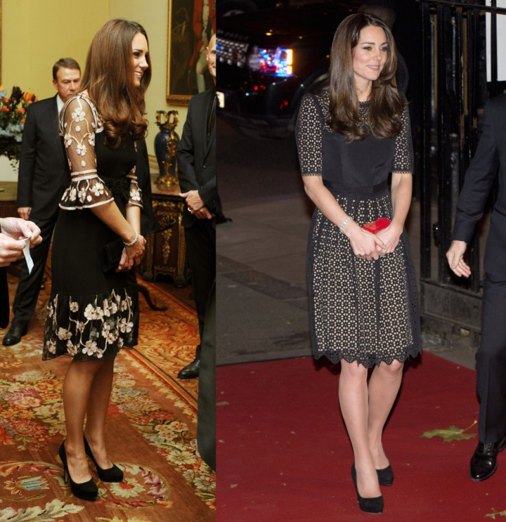 Duchess of Cambridge wears a temperley dress during a reception for Team GB at Buckingham Palace (L) and at the SportsAid SportsBall event in London. (Reuters)