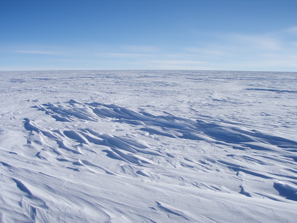 Snow ridges are formed near Plateau Station in East Antarctica. Most of Antarctica looks quite flat, despite the subtle domes, hills, and hollows. (Atsuhiro Muto/NSIDC) Snow ridges are formed near Plateau Station in East Antarctica. Most of Antarctica looks quite flat, despite the subtle domes, hills, and hollows. (Atsuhiro Muto/NSIDC)