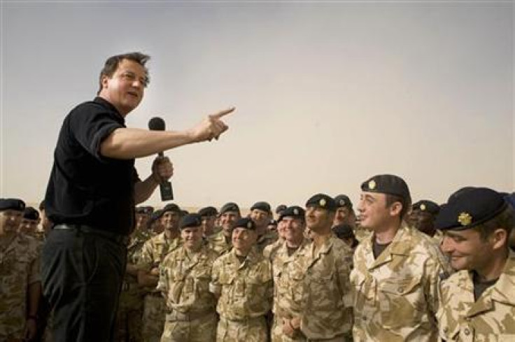 Prime Minister Cameron speaks to British forces at Camp Bastion in Helmand Province