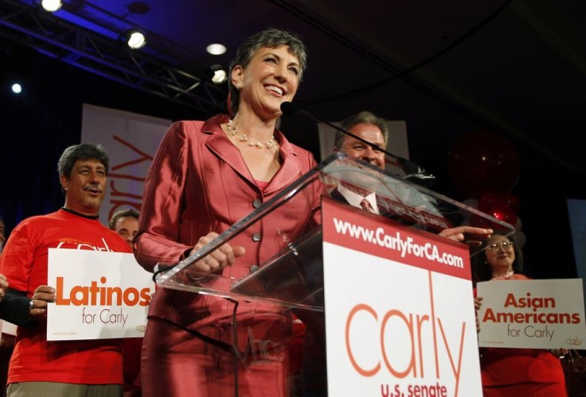 Carly Fiorina, former Hewlett-Packard CEO and Republican candidate for U.S. Senate, gives her acceptance speech during her election night party at a hotel in Anaheim, California June 8, 2010. Carly Fiorina, former Hewlett-Packard CEO and Republican candidate for U.S. Senate, gives her acceptance speech during her election night party at a hotel in Anaheim, California June 8, 2010.