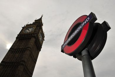 A London Underground sign is seen near the Houses of Parliament in central London
