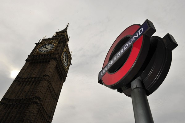 A London Underground sign is seen near the Houses of Parliament in central London
