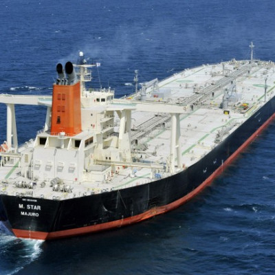 An oil tanker sails.