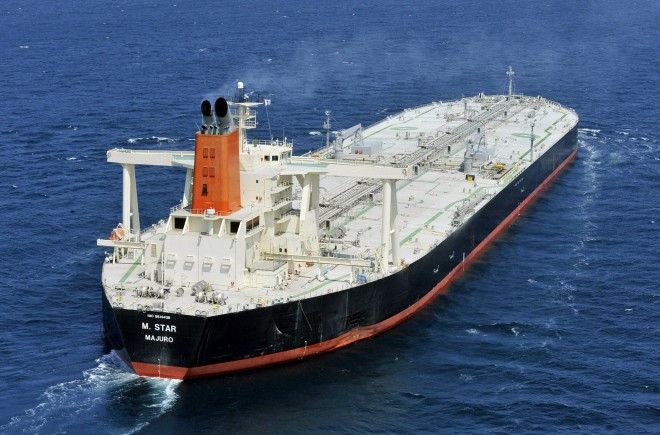 An oil tanker sails.