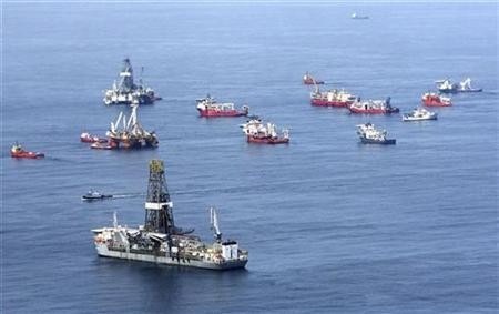 Drill ships and response vessels work in the Gulf of Mexico off the Louisiana coast line