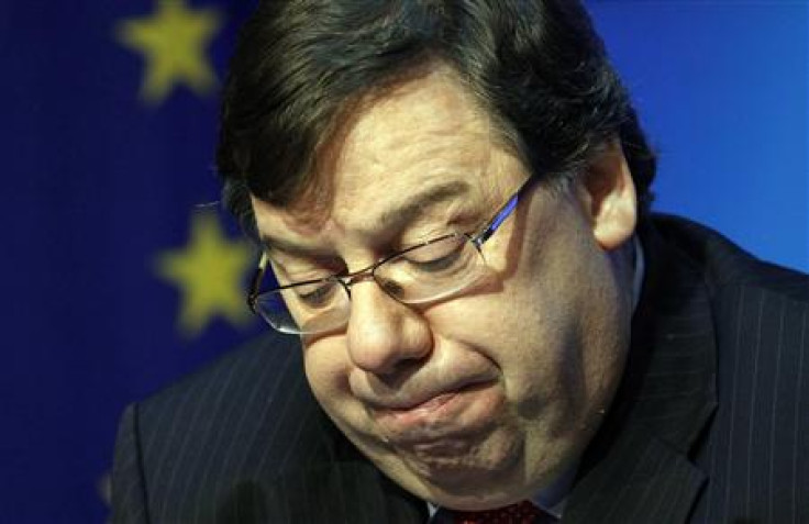 Ireland's Prime Minister Brian Cowen pauses during a news conference at Government Buildings in Dublin - file photo.