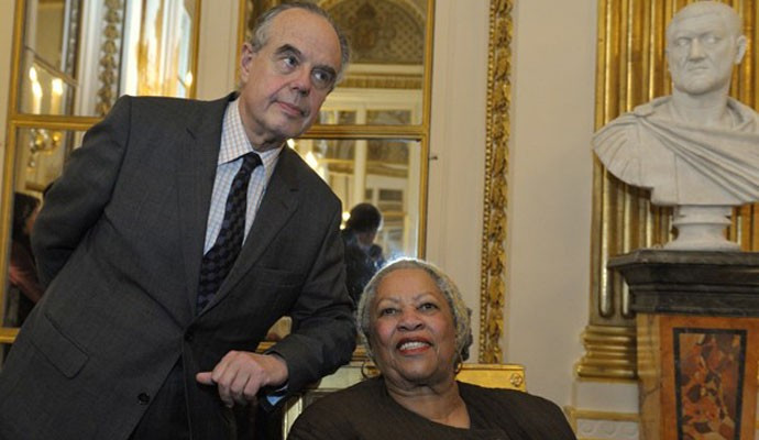 U.S. author Morrison poses with French Culture Minister Mitterrand after she was awarded the Officer de la Legion d'Honneur, the Legion of Honour during a ceremony at the Culture Ministry in Paris