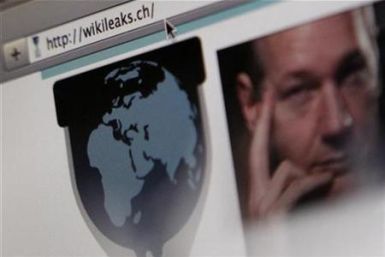 A screen shot of a web browser displaying the WikiLeaks website with a picture of its founder Julian Assange in Bern