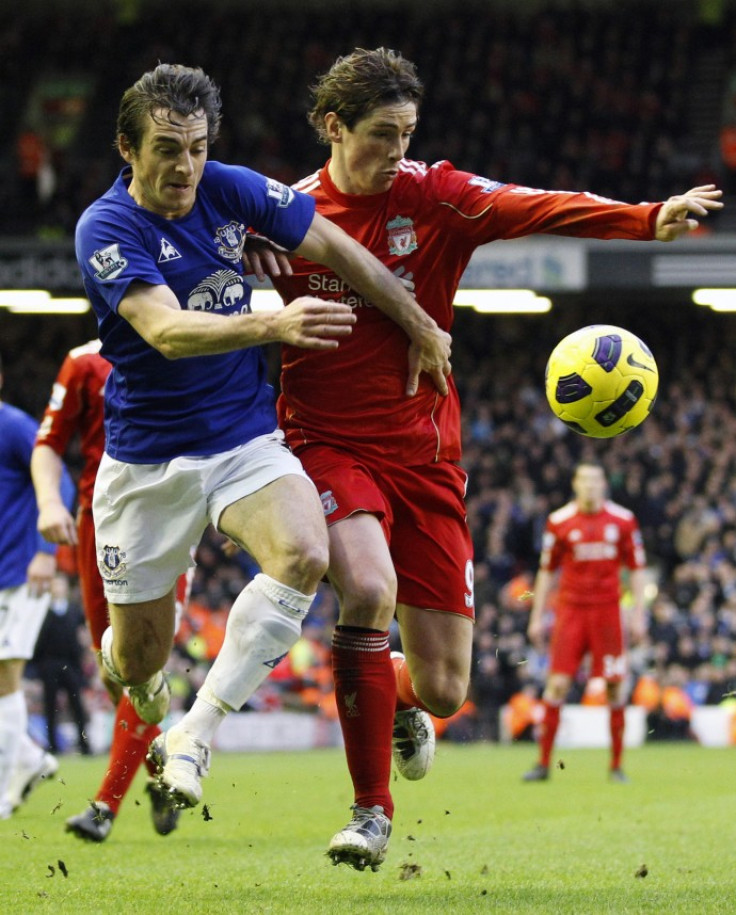 Everton's Baines challenges Liverpool's Torres during their English Premier League soccer match in Liverpool.