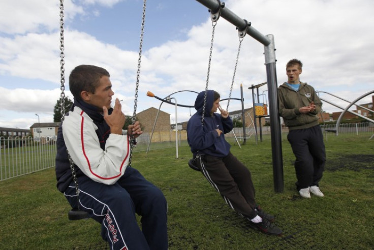 Unemployed youths Chris Gathercole, Samantha Felton and Craig Main sit on and stand by swings in a childrens play area in Aylesbury, southern England