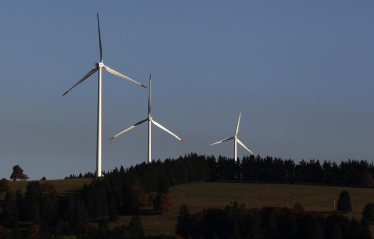 Power-generating wind turbines are seen in a wind farm of BKW in Mont Soleil in the Jura region