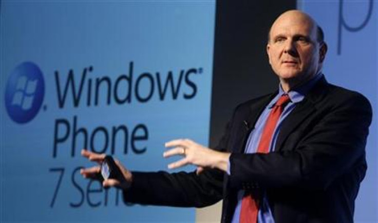 Microsoft CEO Ballmer gestures during the &quot;Windows Phone 7&quot; presentation at the Mobile World Congress in Barcelona