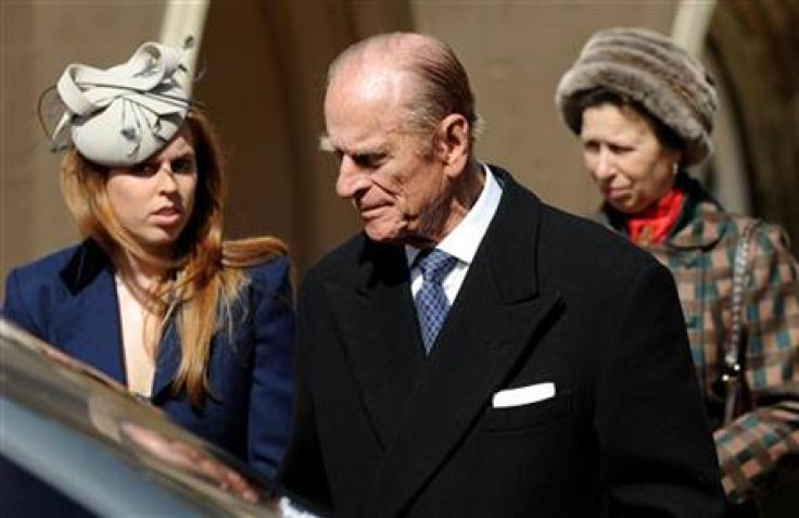 Prince Philip, the Duke of Edinburgh (C), Princess Beatrice (L) and Princess Anne, Princess Royal leave after attending an Easter Sunday church service in Windsor on April 4, 2010.