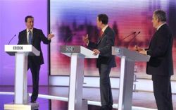 Britain's opposition Conservative Party leader Cameron, Liberal Democrat leader Clegg and PM Brown debate in Birmingham Britain's opposition Conservative Party leader Cameron, Liberal Democrat leader Clegg and PM Brown debate in Birmingham