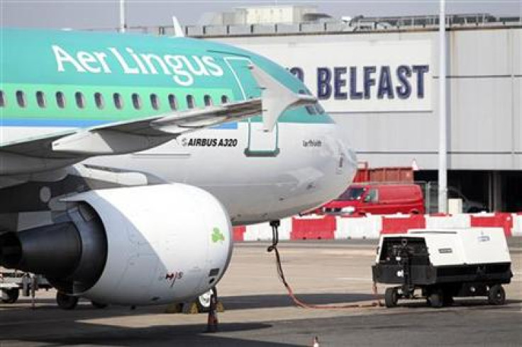 Aer Lingus jet is seen grounded following the announcement of a flight ban due to an Icelandic volcanic eruption, at Belfast city airport