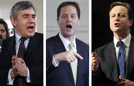 A combination photograph shows Prime Minister Brown; Liberal Democrat leader Clegg and Conservative Party leader Cameron