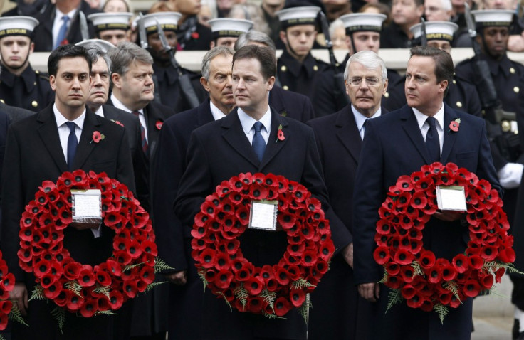 Britain's Prime David Cameron, Deputy Prime Minister Nick Clegg and opposition Labour Party leader Ed Miliband attend the annual Remembrance Sunday ceremony in central London