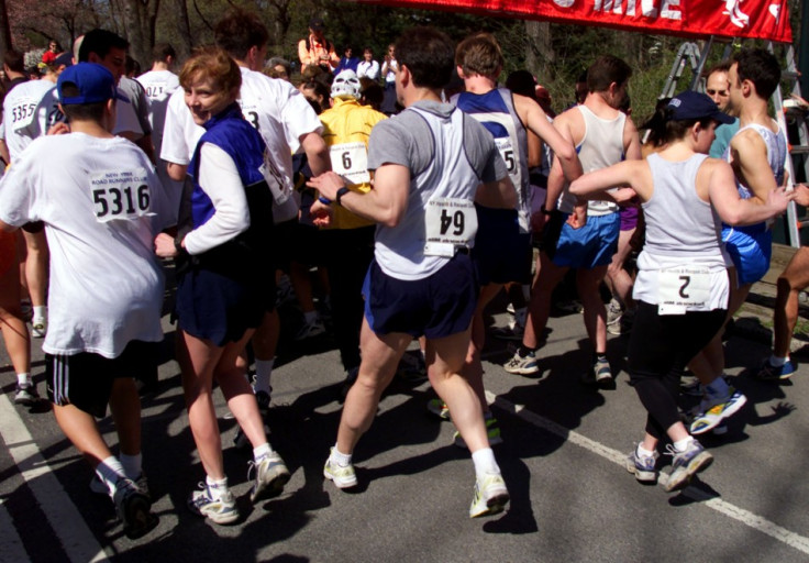 APRIL FOOLS RUNNERS START BACKWARDS MILE RACE IN NEW YORK'S CENTRAL PARK.