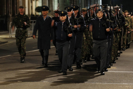 Brit armed forces participate in a rehearsal for royal wedding