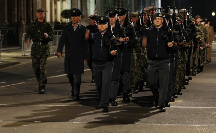 Brit armed forces participate in a rehearsal for royal wedding