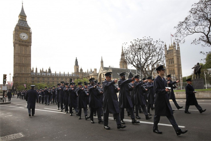 Brit armed forces participate in a rehearsal for royal wedding