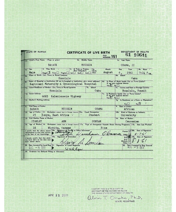 President Barack Obama's Long Form Birth Certificate
