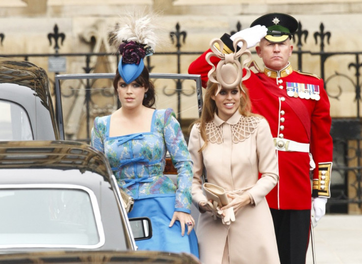 Britain's Princess Eugenie and Princess Beatrice arrive at Westminster Abbey before the wedding of Britain's Prince William and Kate Middleton.