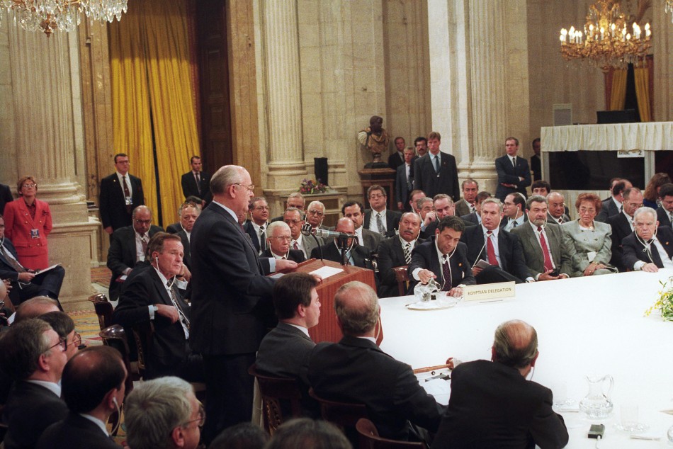 Soviet President Gorbachev addresses the first meeting of the Mideast peace conference in Madrid