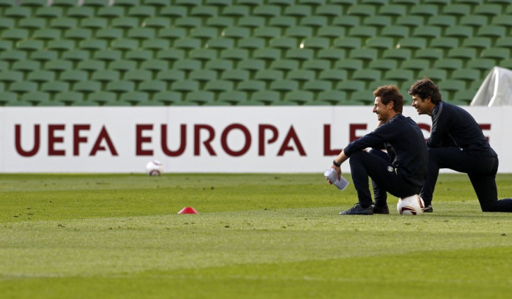 Porto's coach Andre Vilas-Boas overseas a training session at the Dublin Arena, accompanied by assistant coach Jose Mario Rocha