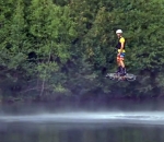 Catalin Alexandru Duru flies across a lake on his hoverboard invention, which works in a similar way to the ones seen in Back to the Future II